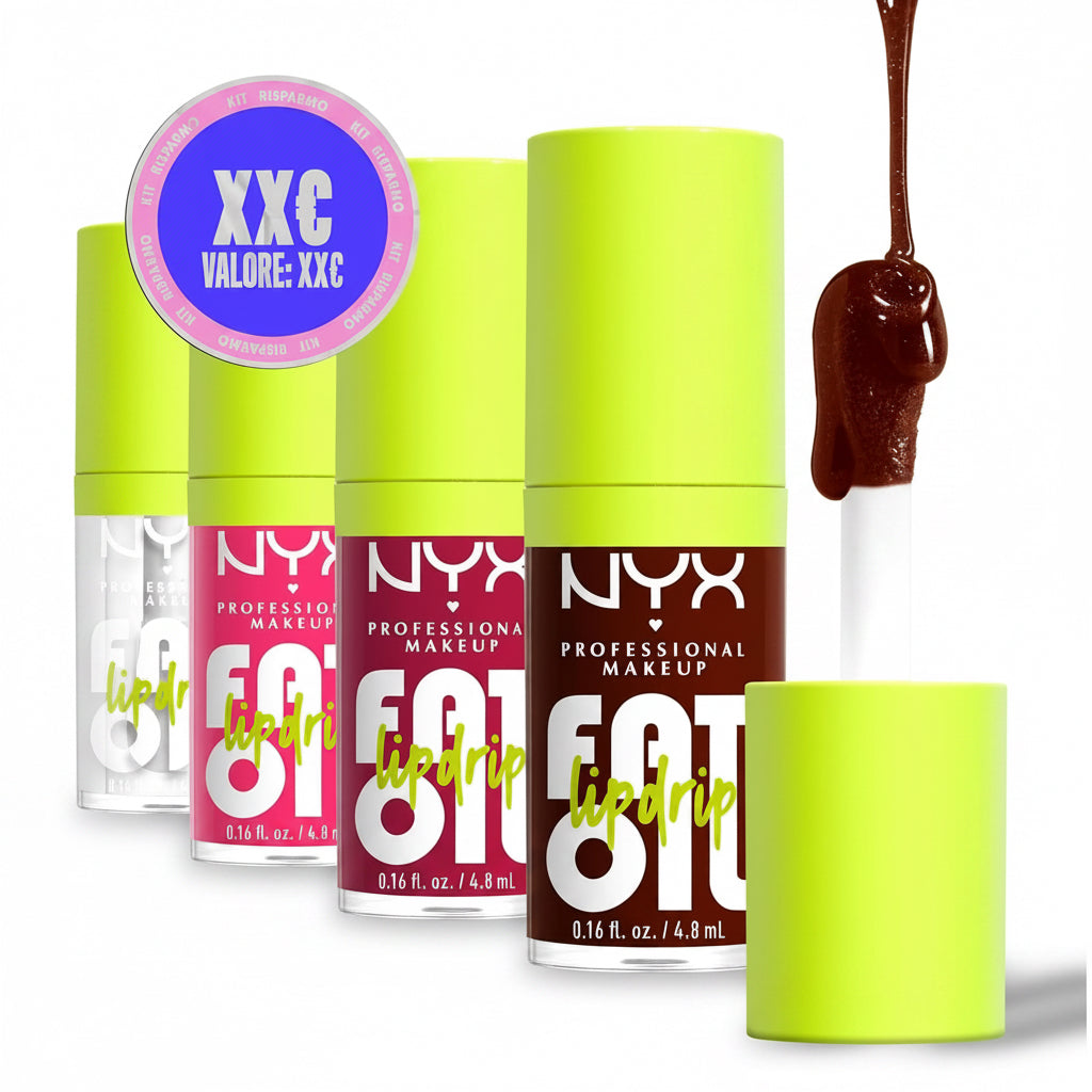 NYX Professional Makeup Set Di Gloss Labbra, Finish Extra Brillante, Fino a 12H Di Idratazione, Con Maxi Applicatore, Arricchito Con Oli Di Squalano, Lampone E Camemoro, Fat Oil Lip Drip, 4 Tonalità