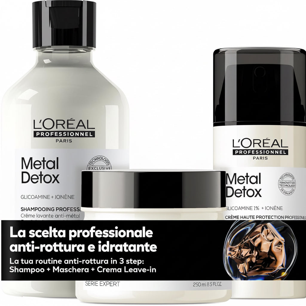 L'Oréal Professionnel Paris | Metal Detox Shampoo Ristrutturante + Maschera Ristrutturante + Crema Leave-In Protettiva, Tutti I Tipi Di Capelli Danneggiati, Rischio Di Rottura Ridotto, Colore Protet