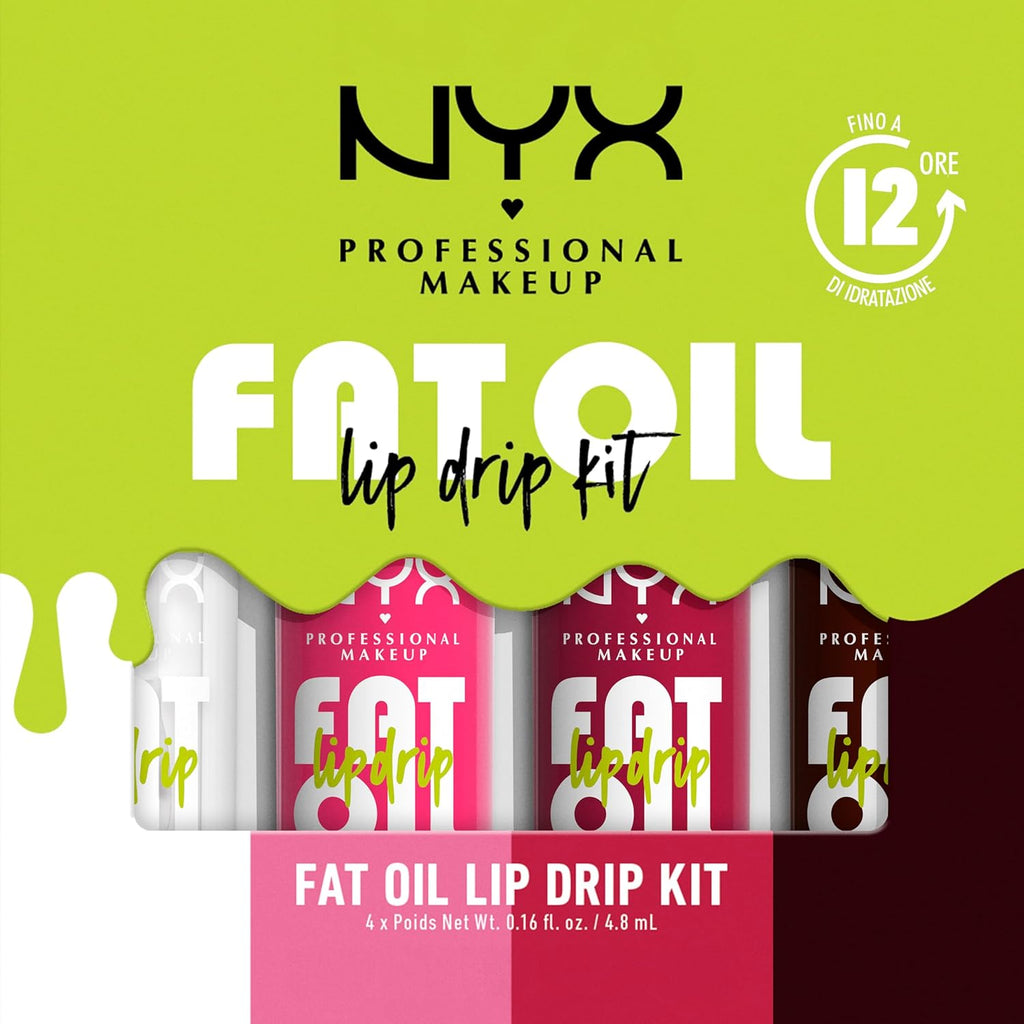 NYX Professional Makeup Set Di Gloss Labbra, Finish Extra Brillante, Fino a 12H Di Idratazione, Con Maxi Applicatore, Arricchito Con Oli Di Squalano, Lampone E Camemoro, Fat Oil Lip Drip, 4 Tonalità