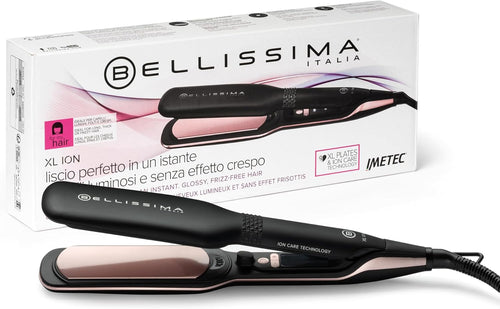 Bellissima Imetec XL ION, Piastra per Capelli Lisci, Piastre Larghe, Ionizzatore, Rivestimento Ceramica E Cheratina, 5 Temperature Da 150 a 230°C, Riscaldamento Rapido, Cavo 1,8 M